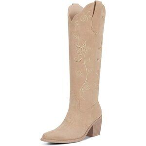 Women's Apricot Knee High Tall Boots Slip On Design with Pointed Toe Comfortable